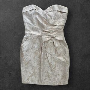 Vintage Y2K Women's Taboo Strapless Cream Gold Jacquard Formal Mini Dress sz S